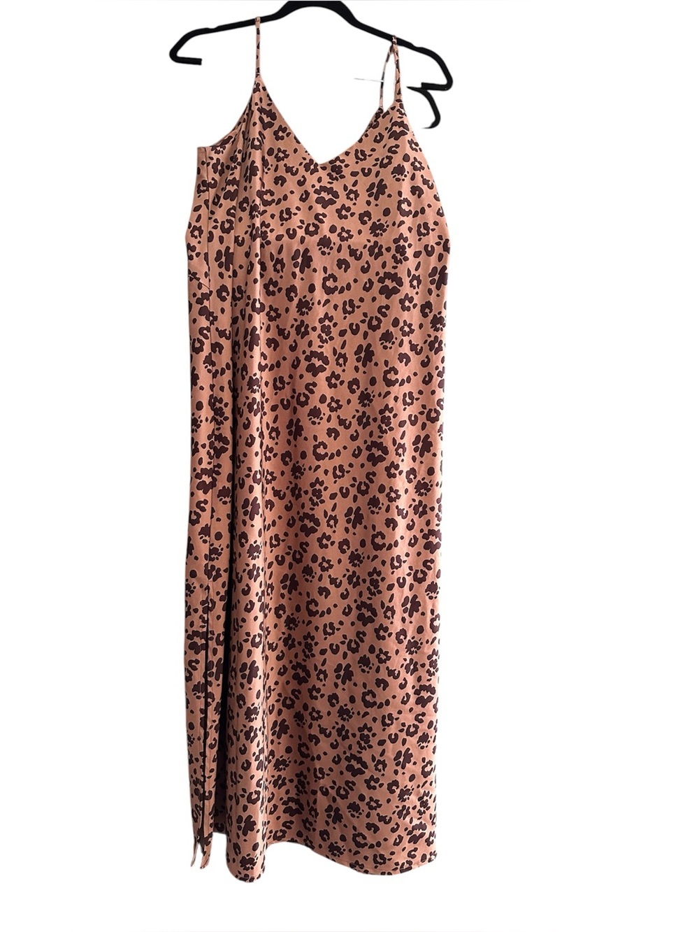 A New Day Leopard Print Slip Dress XL Tan/Black Silky Midi w/ Asymmetrical Slit - Picture 2 of 10